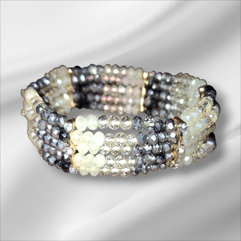 Multirow Sparkly Crystal Beaded Grey Stretch Bracelet Gold Rhinestone Bar